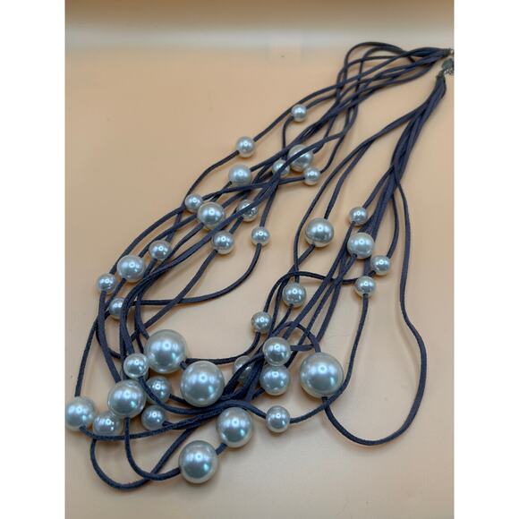 Layered Faux Pearl Necklace on Charcoal Grey Suede – 8 Strand, 32” - Picture 1 of 3